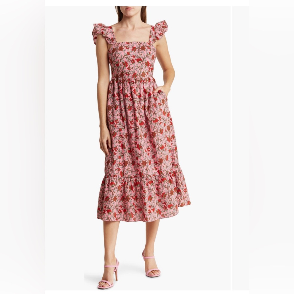 Maisie Flutter Sleeve Floral Pink Cotton Midi Dress NWT - Picture 2 of 3